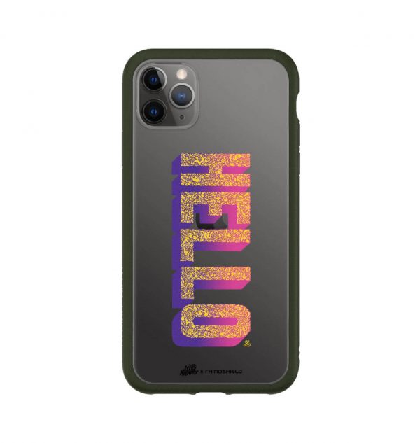 Transparent phone case with yellow and neon pink ´HELLO´ (green bumper)