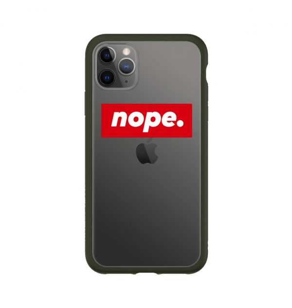Transparent phone case with the words ´nope.´ written across it (green bumper)