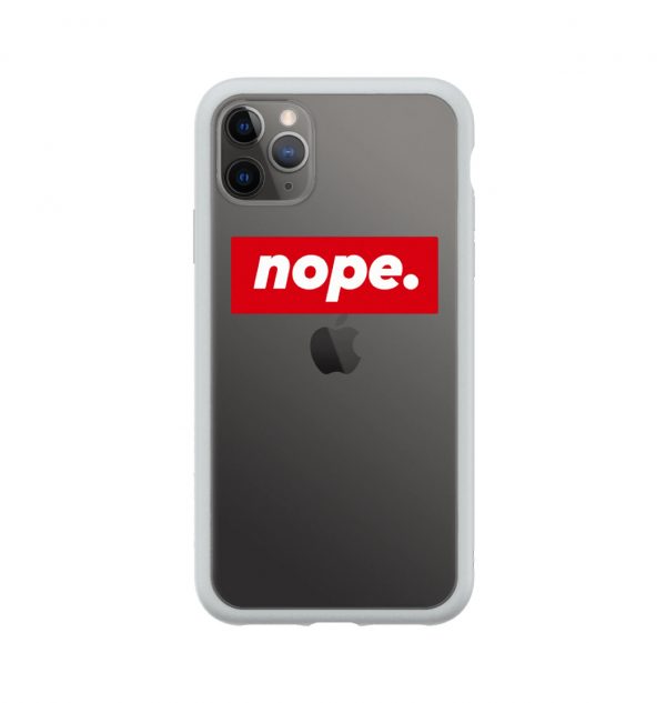 Transparent phone case with the words ´nope.´ written across it (grey bumper)