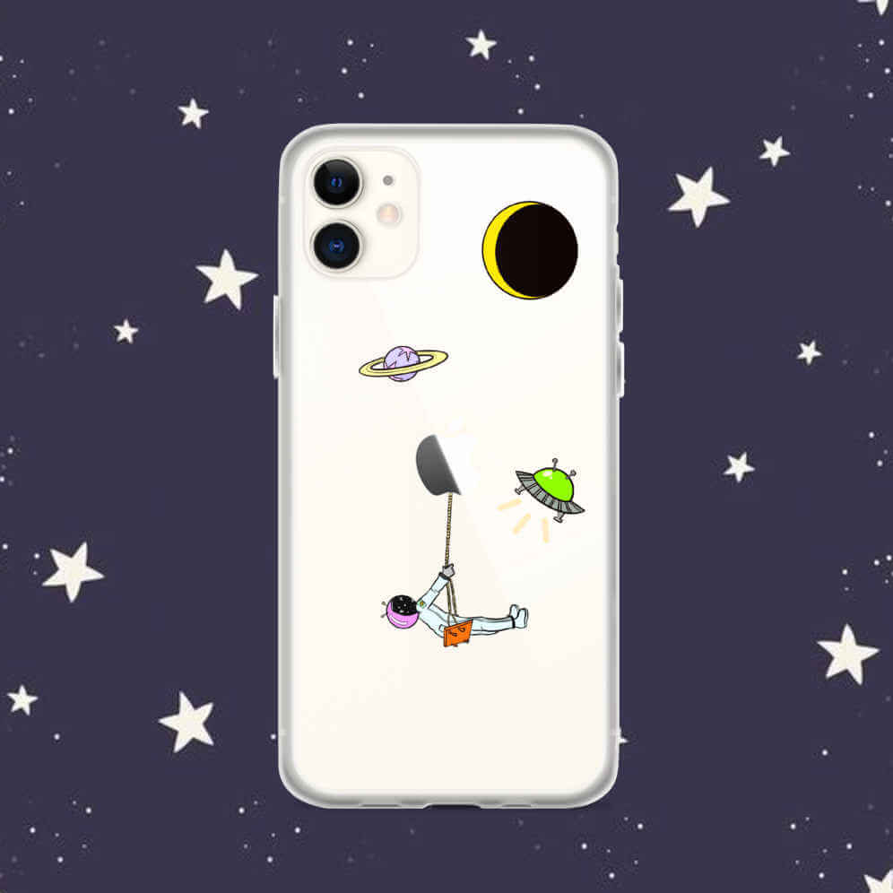 Phone case with astronaut hanging from apple logo