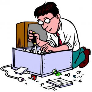 Tech guy fixing a computer (cartoon)