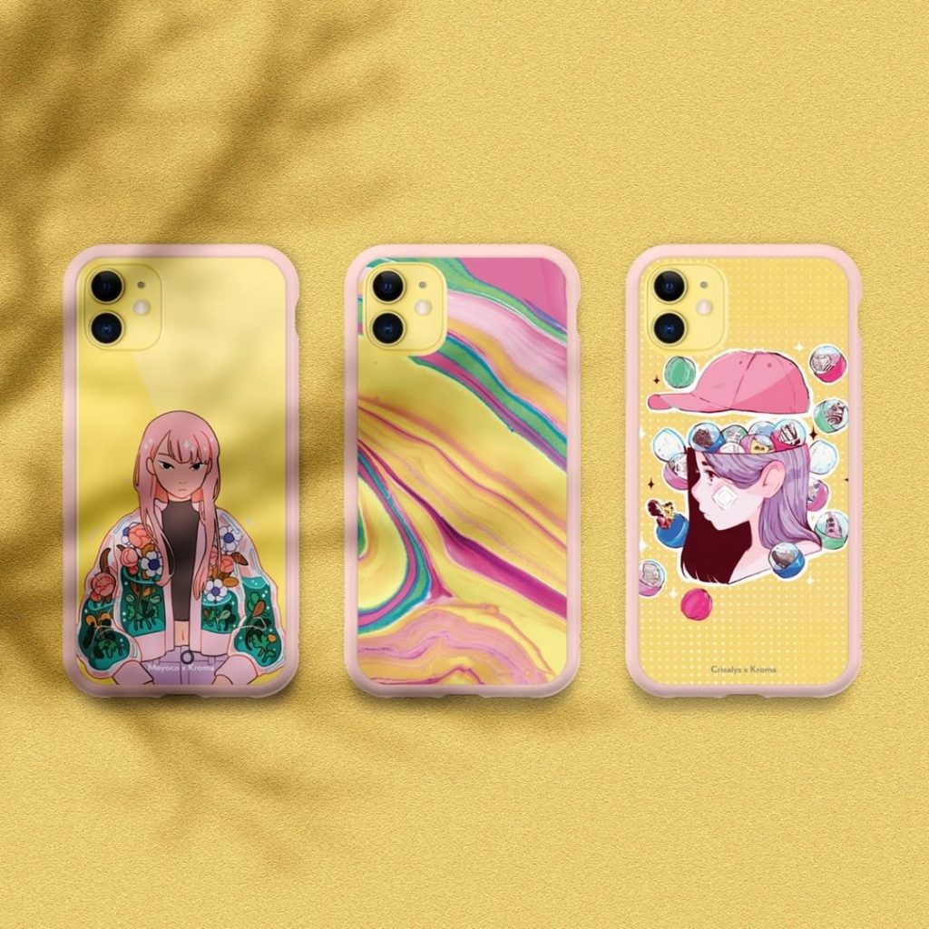 Three yellow phone cases set against a yellow background