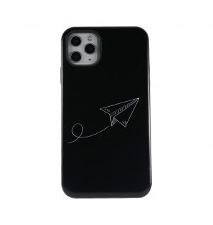 Black phone case with a white paper airplane in the middle