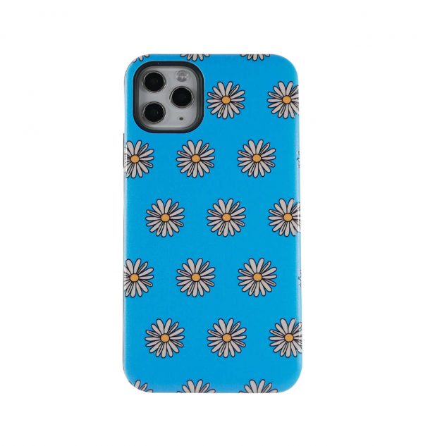 Blue phone case decorated with white and yellow daisies