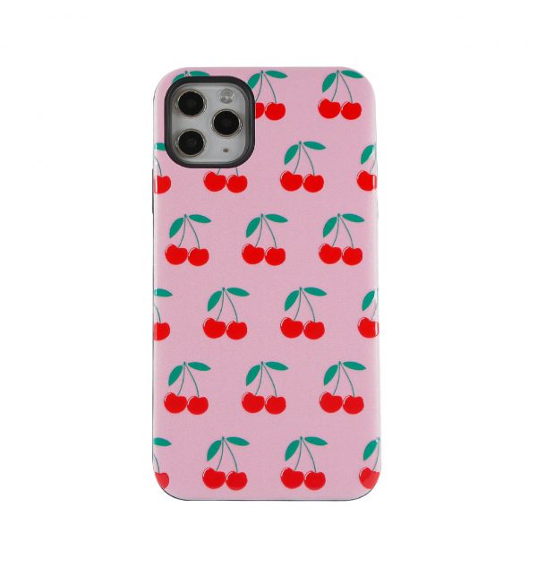 Pink phone case decorated with red cherries
