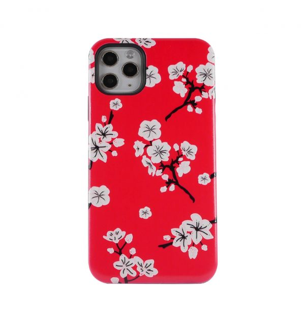 Red phone case decorated with white blossom