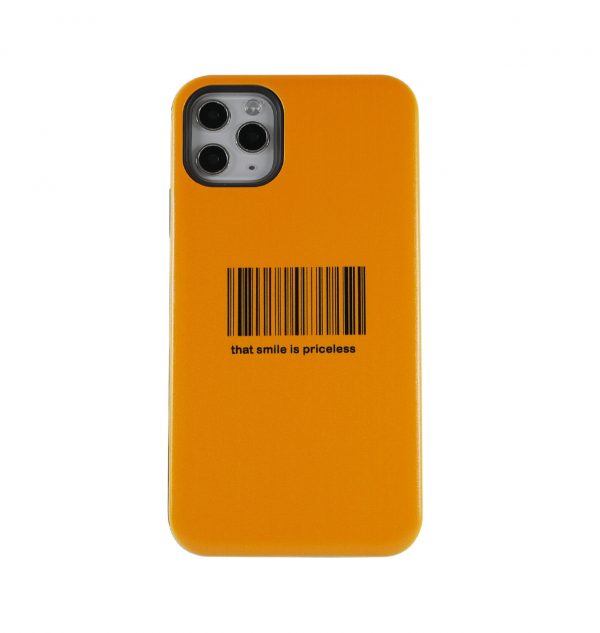 Yellow phone case with a barcode printed on the front
