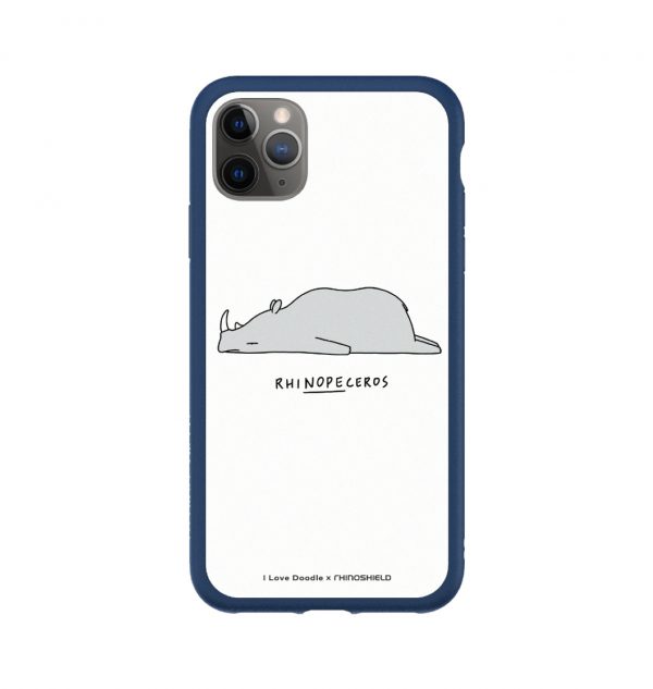 Phone case with the word ´RHINOPECEROS´ written underneath a sleeping rhino (blue bumper)