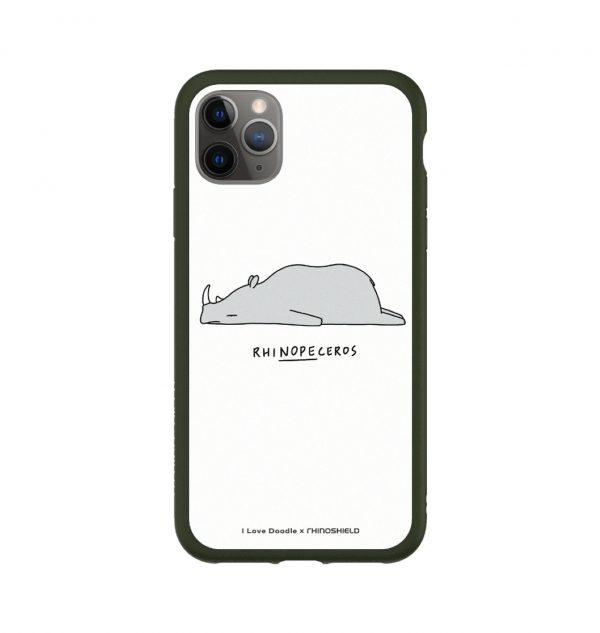 Phone case with the word ´RHINOPECEROS´ written underneath a sleeping rhino (green bumper)