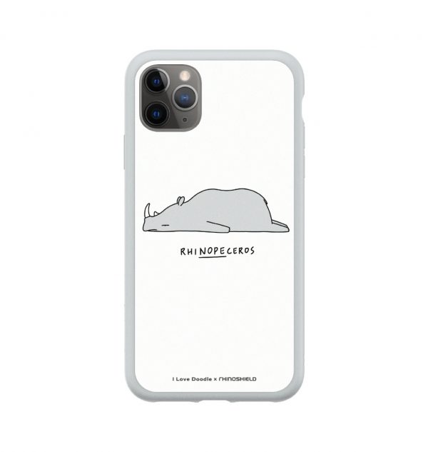 Phone case with the word ´RHINOPECEROS´ written underneath a sleeping rhino (grey bumper)