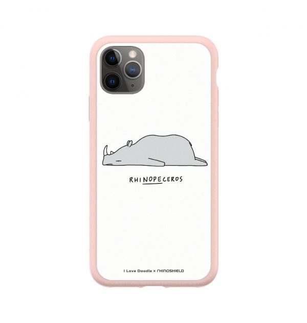 Phone case with the word ´MEH´ written underneath a prostrate unicorn (pink bumper)