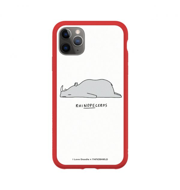 Phone case with the word ´RHINOPECEROS´ written underneath a sleeping rhino (red bumper)