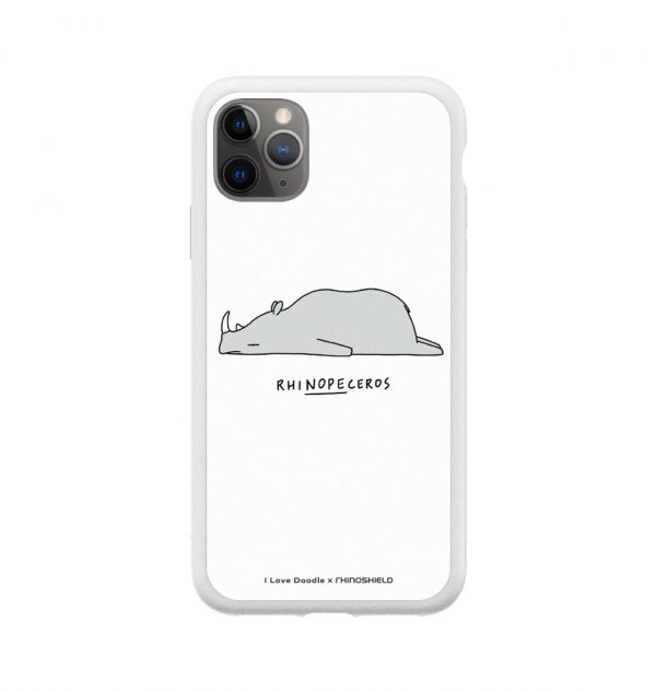 Phone case with the word ´RHINOPECEROS´ written underneath a sleeping rhino (white bumper)