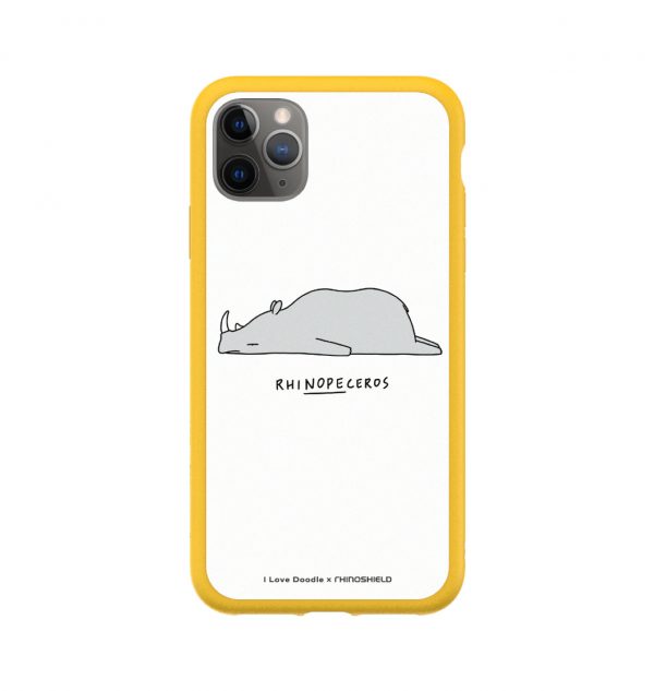 Phone case with the word ´RHINOPECEROS´ written underneath a sleeping rhino (yellow bumper)