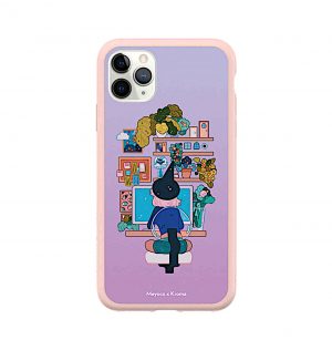 Phone case with witch working at a crowded workspace (pink frame)