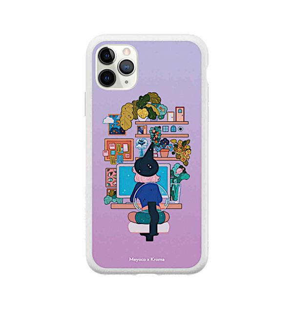 Phone case with witch working at a crowded workspace (white frame)