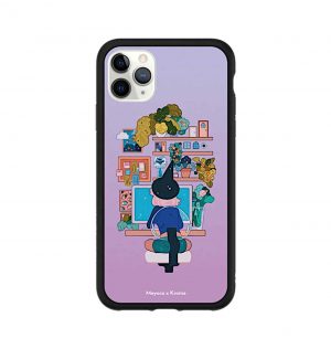 Phone case with witch working at a crowded workspace (black frame)