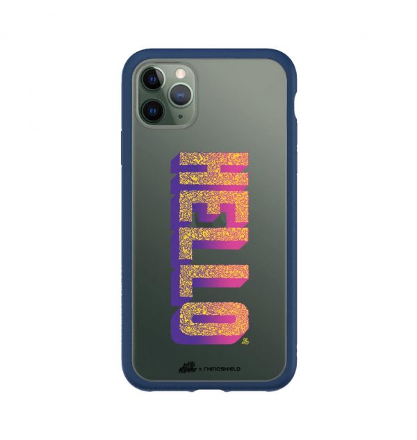 Transparent phone case with yellow and neon pink ´HELLO´ (blue bumper)