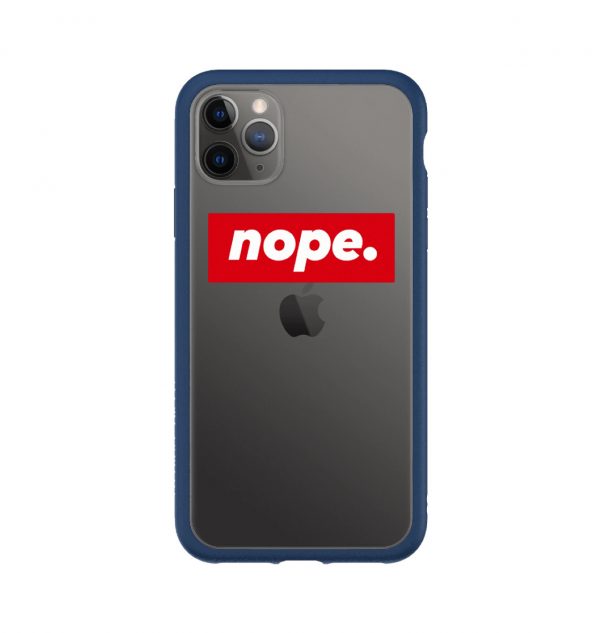 Transparent phone case with the words ´nope.´ written across it (blue bumper)