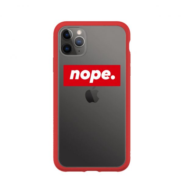 Transparent phone case with the words ´nope.´ written across it (red bumper)