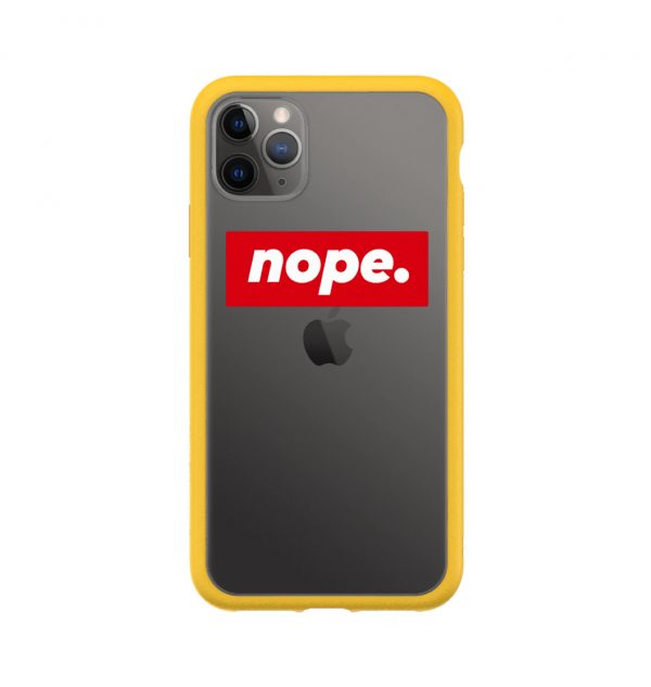 Transparent phone case with the words ´nope.´ written across it (yellow bumper)