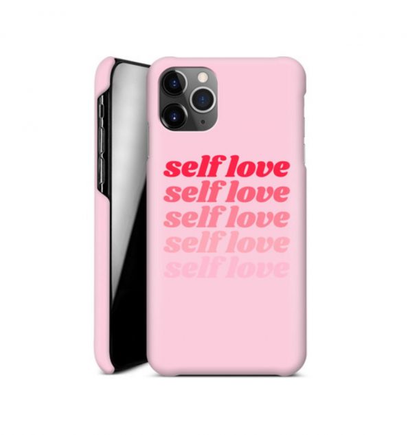 Pink phone case with the words ´self love´ printed multiple times in red (hard)
