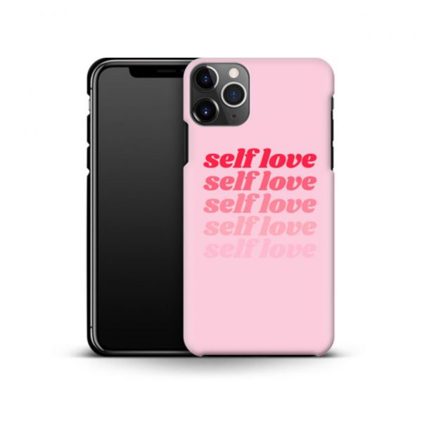 Pink phone case with the words ´self love´ printed multiple times in red (premium)