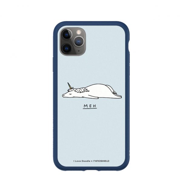 Phone case with the word ´MEH´ written underneath a prostrate unicorn (blue bumper)