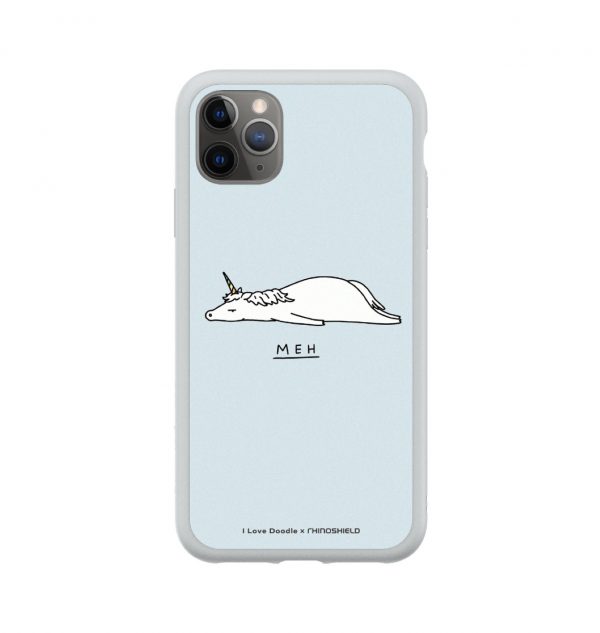Phone case with the word ´MEH´ written underneath a prostrate unicorn (grey bumper)