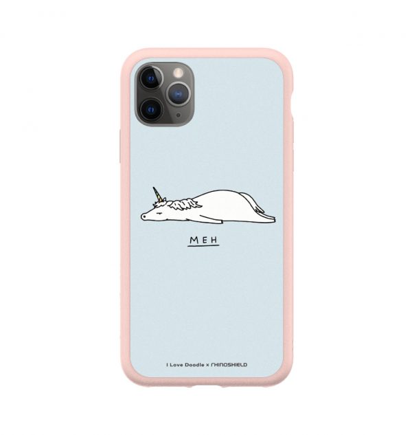 Phone case with the word ´MEH´ written underneath a prostrate unicorn (pink bumper)