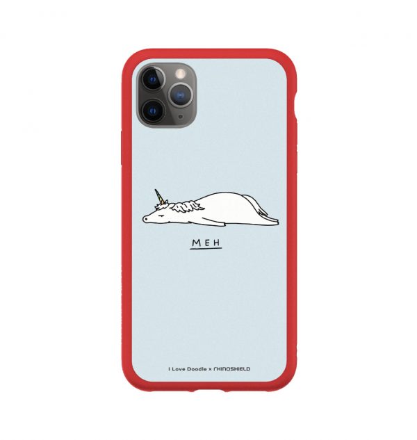 Phone case with the word ´MEH´ written underneath a prostrate unicorn (red bumper)