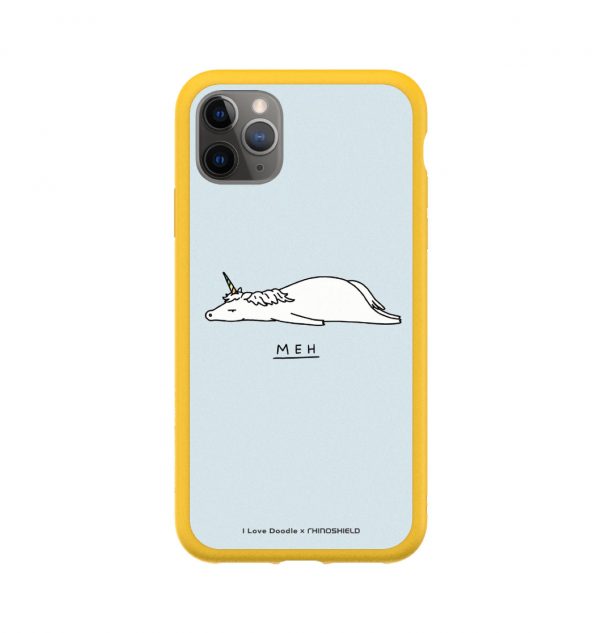 Phone case with the word ´MEH´ written underneath a prostrate unicorn (yellow bumper)