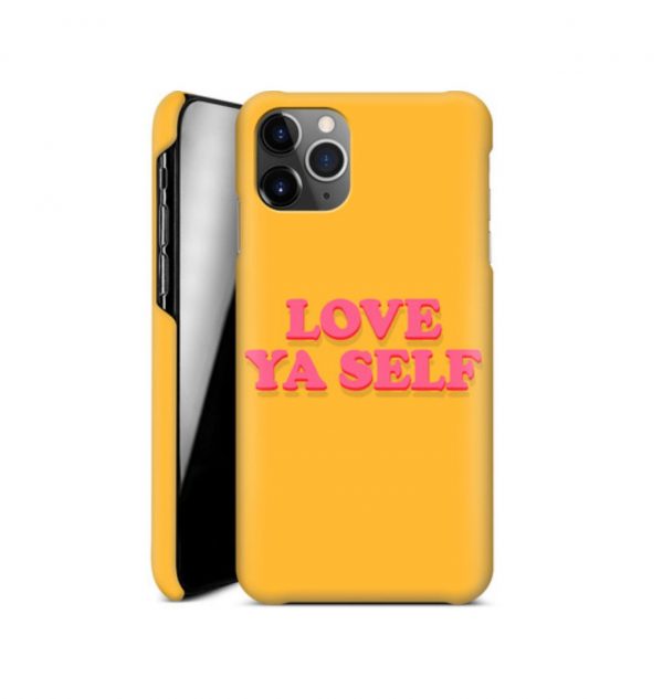 Yellow phone case with the words ´love ya self´ printed on the front in red (hard