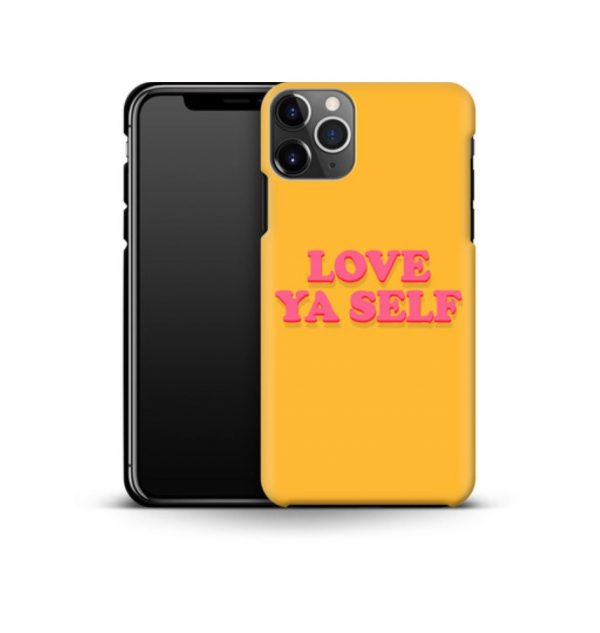 Yellow phone case with the words ´love ya self´ printed on the front in red (premium)