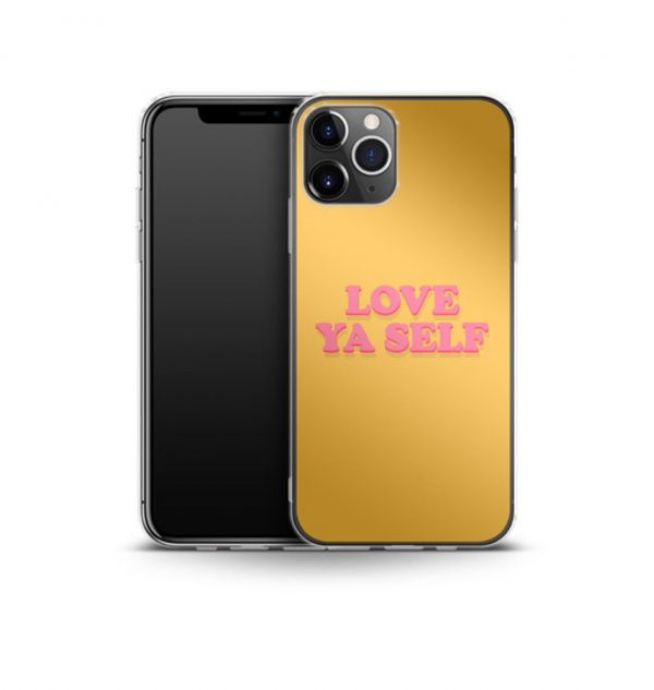 Yellow phone case with the words ´love ya self´ printed on the front in red (silicone)