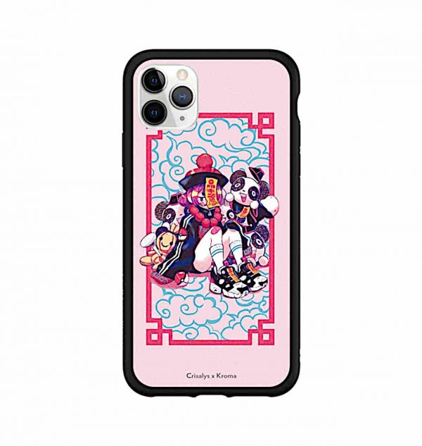 Pink phone case with girl covered with stuffed pandas (black frame)