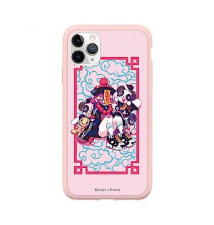 Pink phone case with girl covered with stuffed pandas (pink frame)