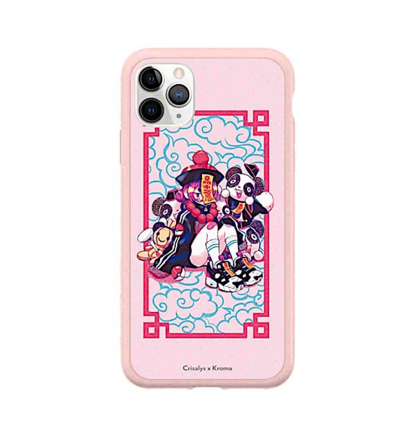 Pink phone case with girl covered with stuffed pandas (pink frame)