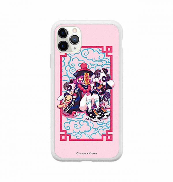Pink phone case with girl covered with stuffed pandas (white frame)