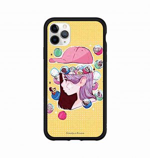 Yellow phone case with sneakers coming out of a girl´s head (black frame)