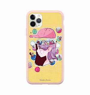 Yellow phone case with sneakers coming out of a girl´s head (pink frame)