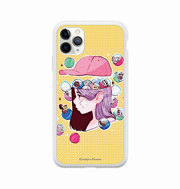Yellow phone case with sneakers coming out of a girl´s head (white frame)