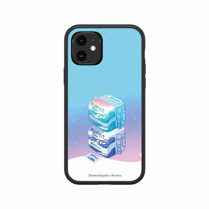 Phone case with two packets of ramen noodles (black frame)